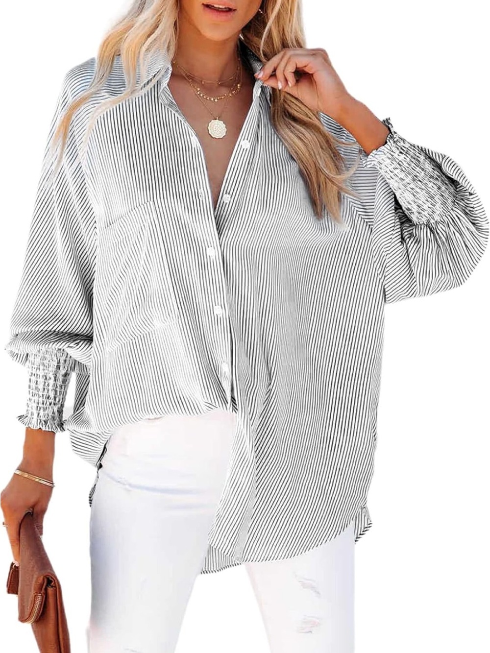 Smocked Cuffed Striped Boyfriend Shirt Collar Long Sleeve Oversized Button Down